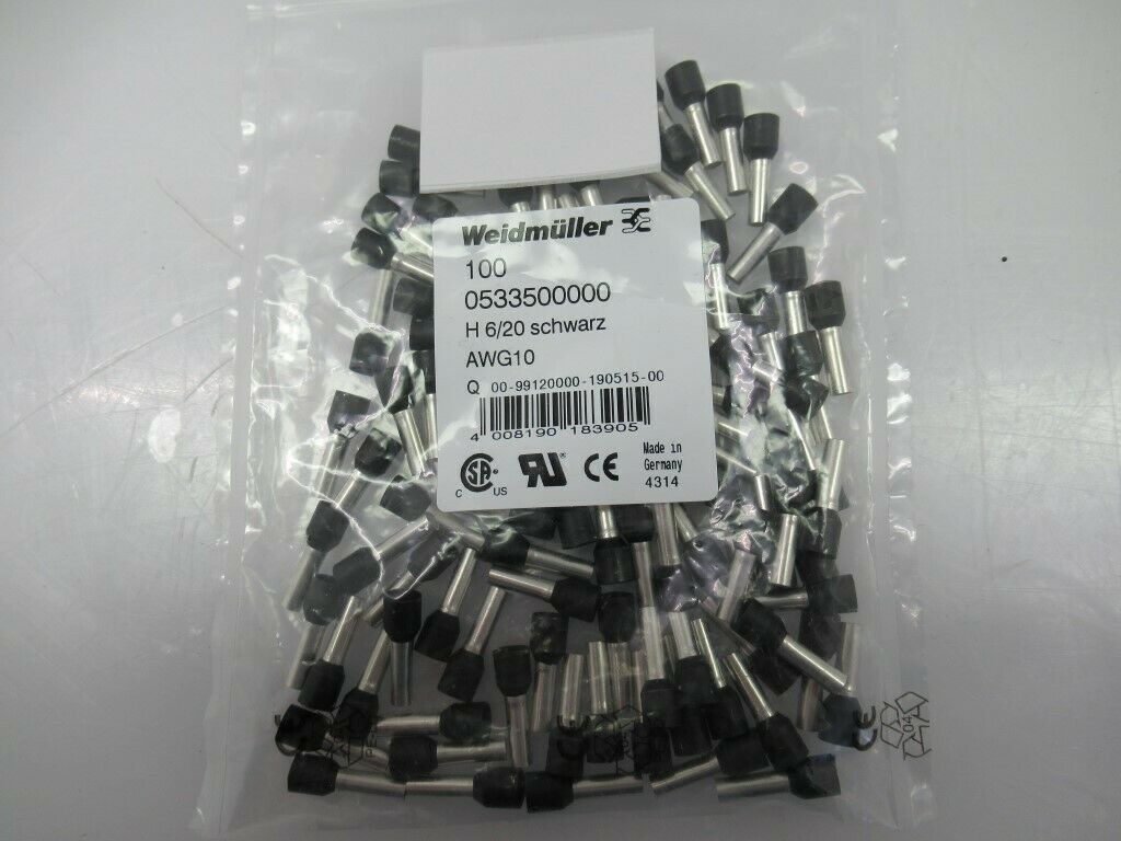 Weidmuller 0533500000 Wire-End Ferrule H6,0/20 Black Schwarz AWG 10, Lot Of 100