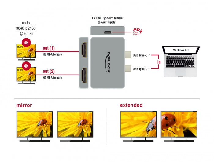Delock 64123 Dual Hdmi Adapter With 4K 60 Hz And Pd 3.0 For Macbook