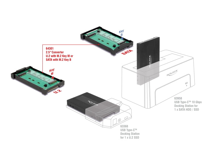 Delock 64301 Converter M.2 Key M Nvme Ssd To U.2 Or M.2 Key B Sata Ssd To Sata