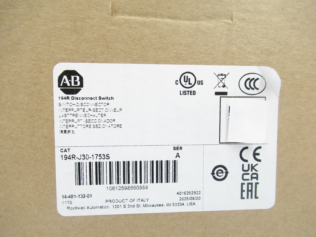 Allen Bradley 194R-J30-1753S Long Turning Handle Disconnect Safety Switch, 600V