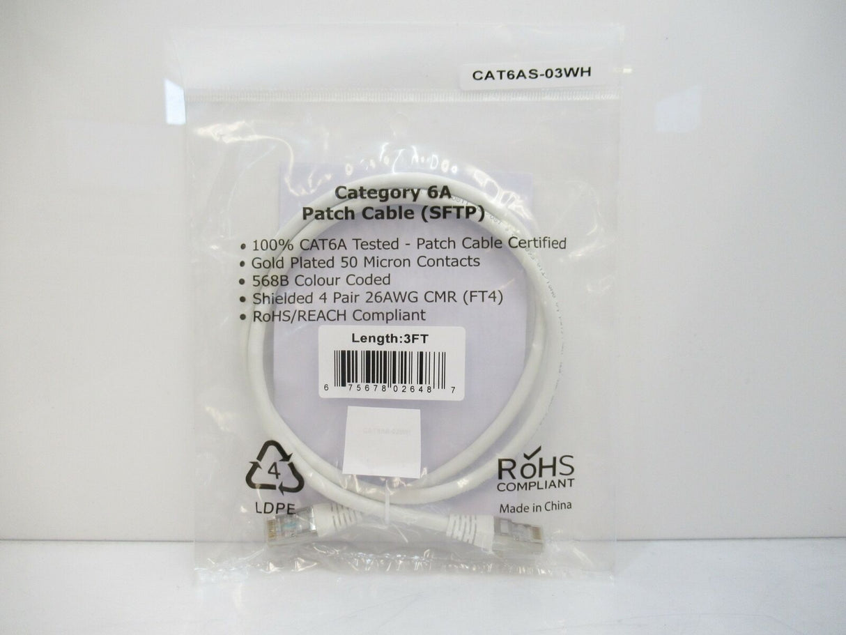 Molded Patch Cable White CAT6AS-03WH, RJ45, CAT6A, SFTP, 10GB, 3 FT