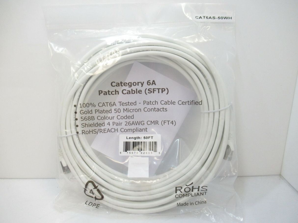 CAT6AS-50WH Category 6A SSTP 10GB Molded Patch Cable, 50FT Long