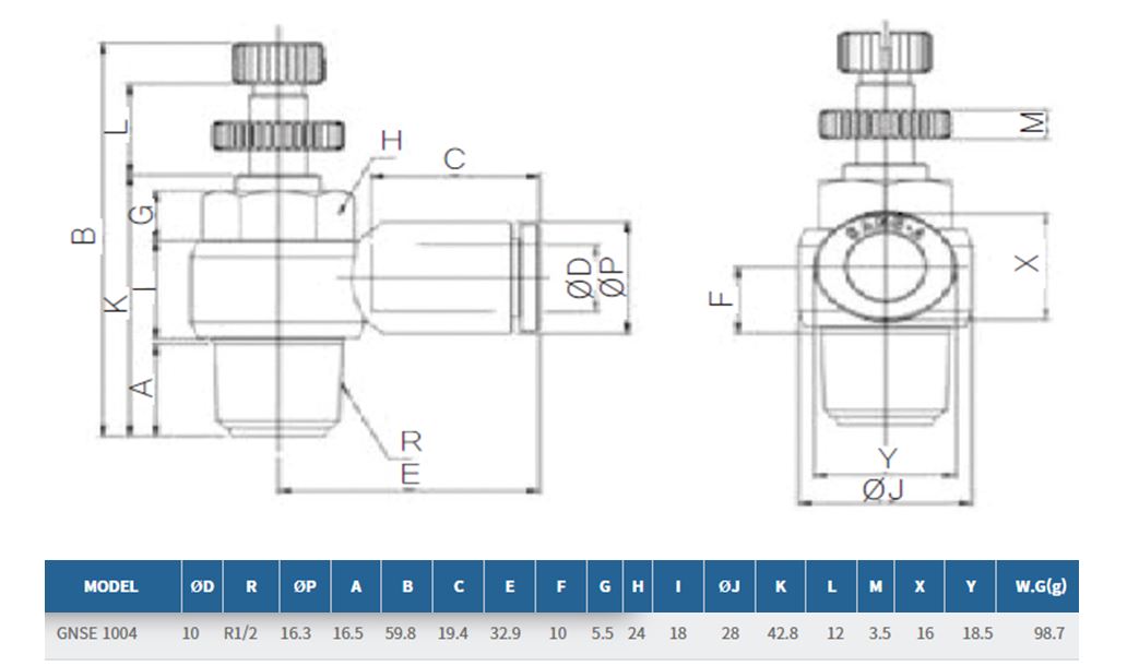 Sang-A GNSE 1004 Flow Control Elbow, 10mm Hose, 1/2 Thread
