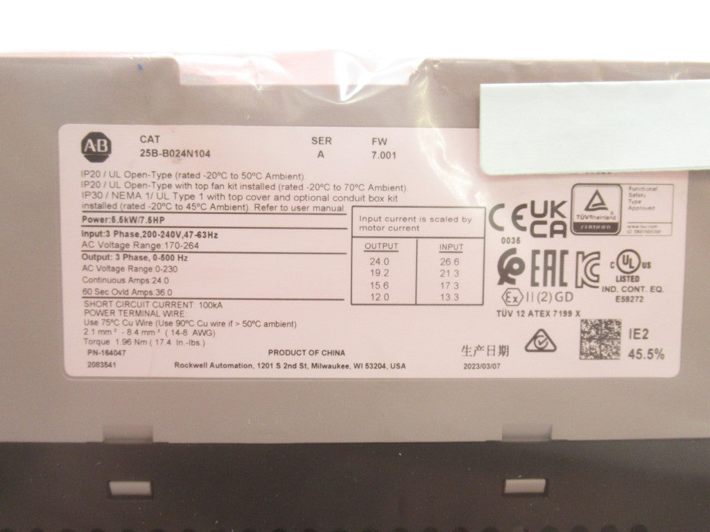 Allen Bradley 25B-B024N104 PowerFlex 525, AC Drive, 24A, 7.5 HP, Ser A, Surplus