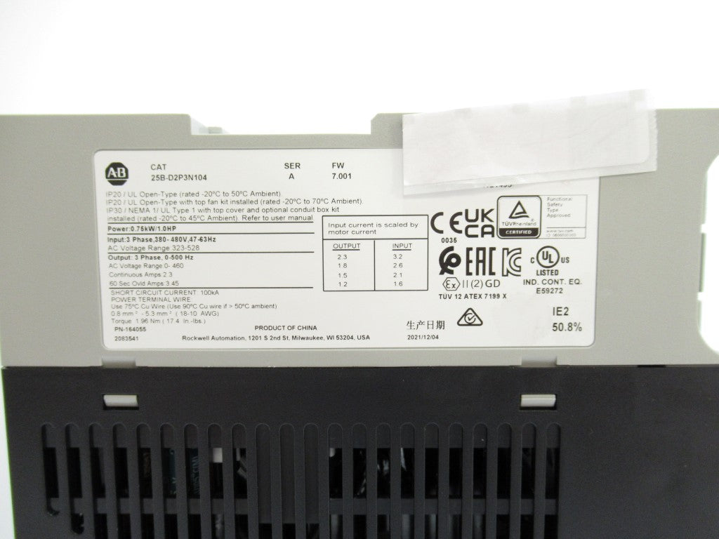 Allen Bradley 25B-D2P3N104 POWERFLEX 525 AC Drive 1 HP 3 Phase, Surplus