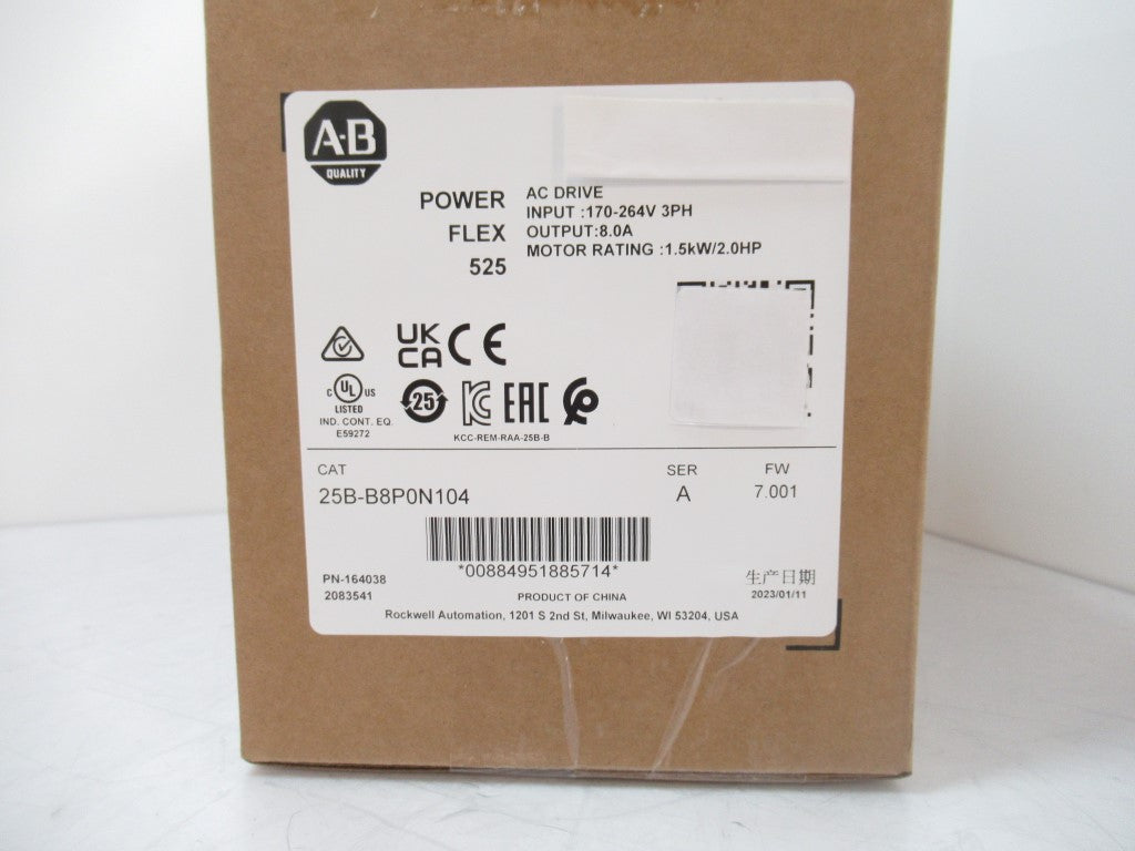 Allen Bradley 25B-B8P0N104 PowerFlex 525 AC Drive 240V/8A/2HP, Surplus