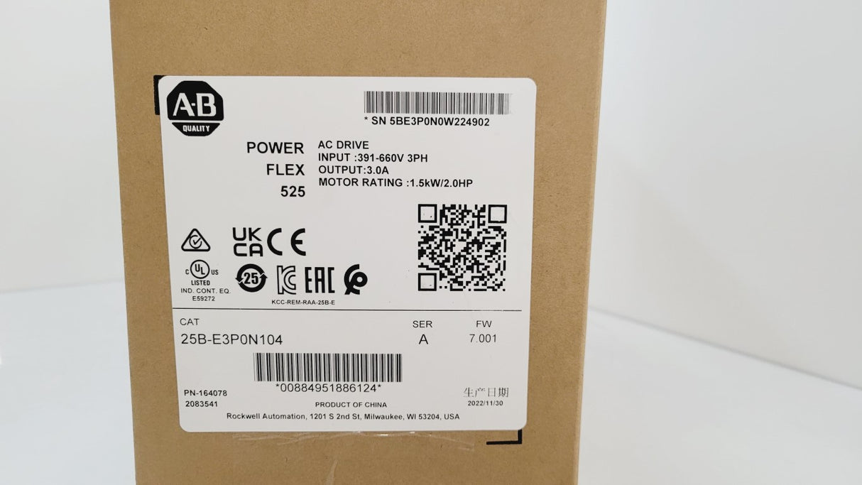 25B-E3P0N104 Allen Bradley PowerFlex 525 AC Drive, 600V 3A 2HP SURPLUS 2022