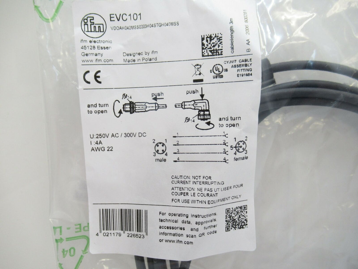 Ifm Electronic EVC101 Patchcord Straight Male To Right Angle Female, 3m