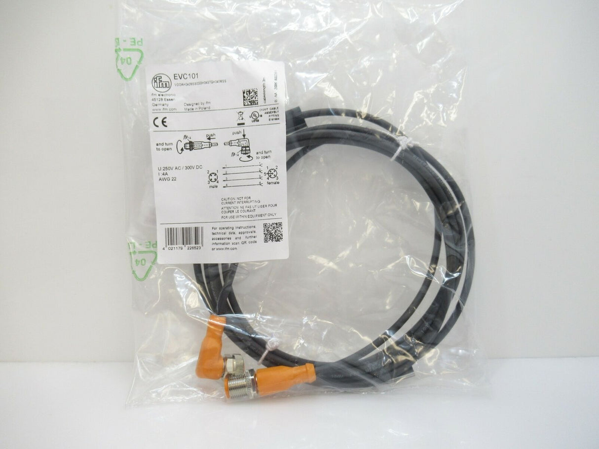 Ifm Electronic EVC101 Patchcord Straight Male To Right Angle Female, 3m