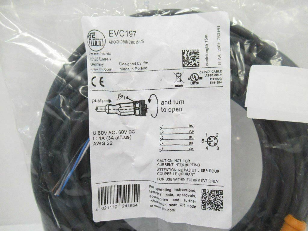 Ifm Electronic EVC197 ADOGH050MSS0015H05 Connecting Cable With Female Plug M12