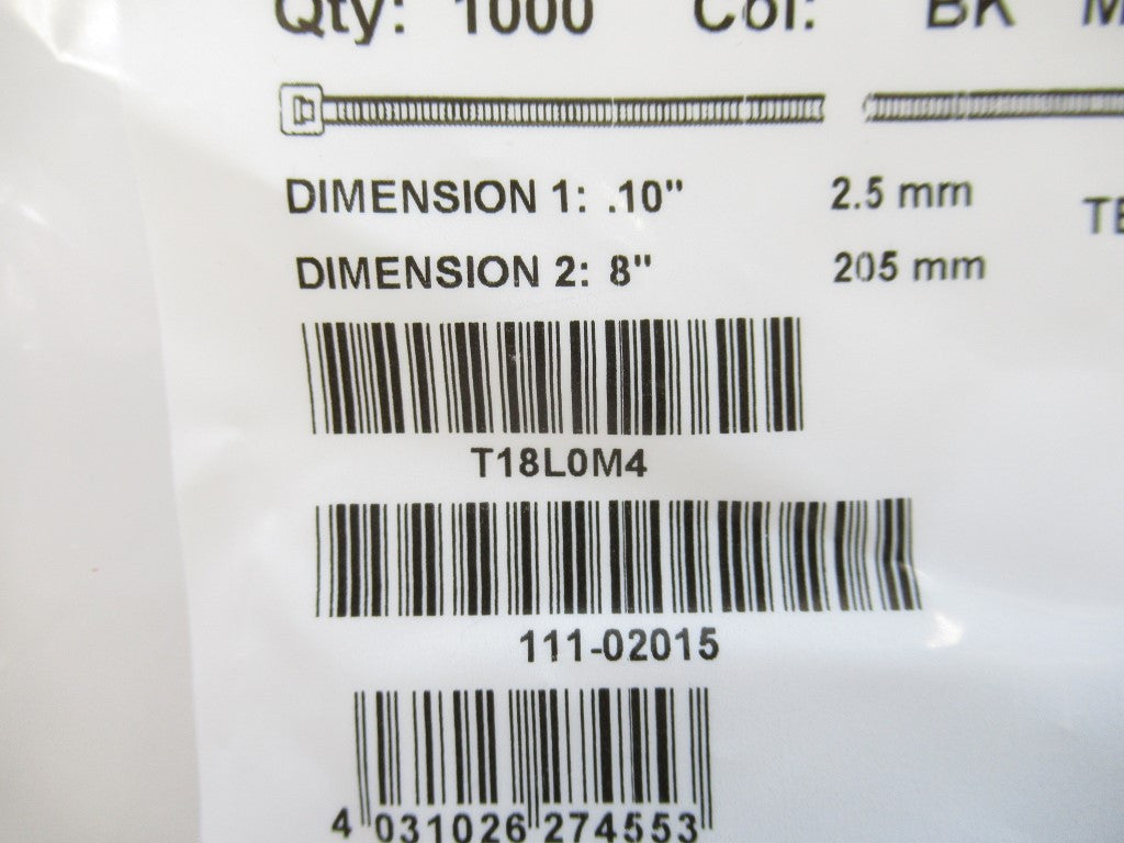 HellermannTyton T18L0M4 8" Black Cable Ties 18 lbs Tensile Strength