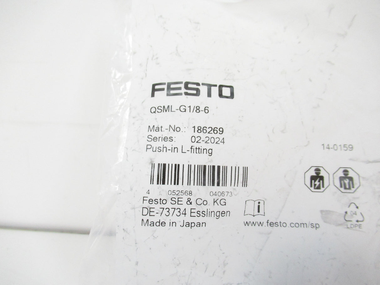 Festo QSML-G1/8-6 186269 Push-In Fitting L Shape Male Thread G1/8