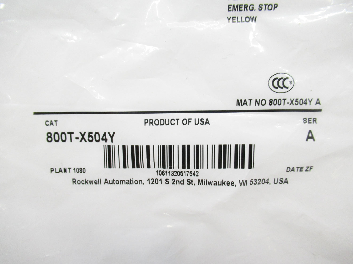Allen Bradley 800T-X504Y Standard Yellow Legend Plate, Emerg. Stop