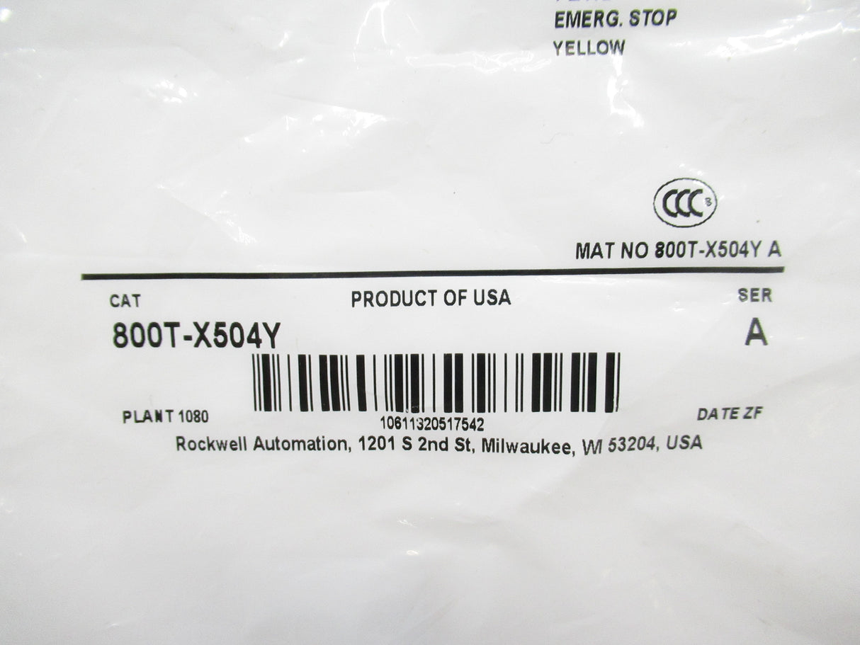 Allen Bradley 800T-X504Y Standard Yellow Legend Plate, Emerg. Stop, Surplus