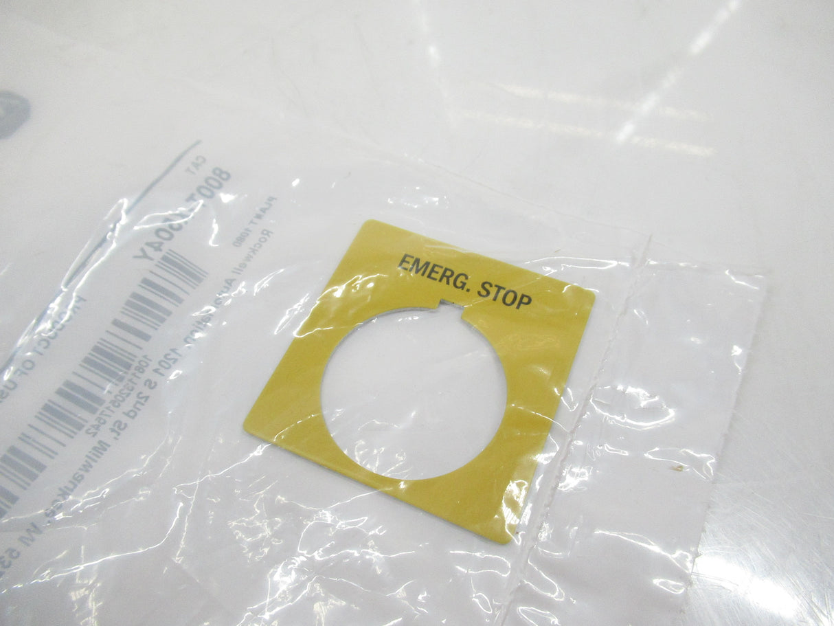 Allen Bradley 800T-X504Y Standard Yellow Legend Plate, Emerg. Stop, Surplus