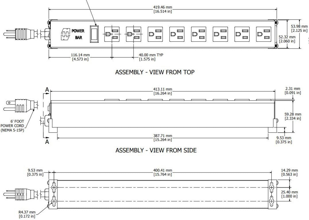 Hammond Manufacturing 1584T8A1 Power Strip, Basic, 8 Outlets 120V AC, 60 Hz, 15A