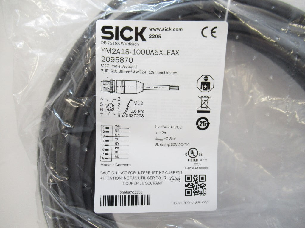 Sick YM2A18-100UA5XLEAX Cable, M12, Male, A-Coded, PUR, AWG24, 10m