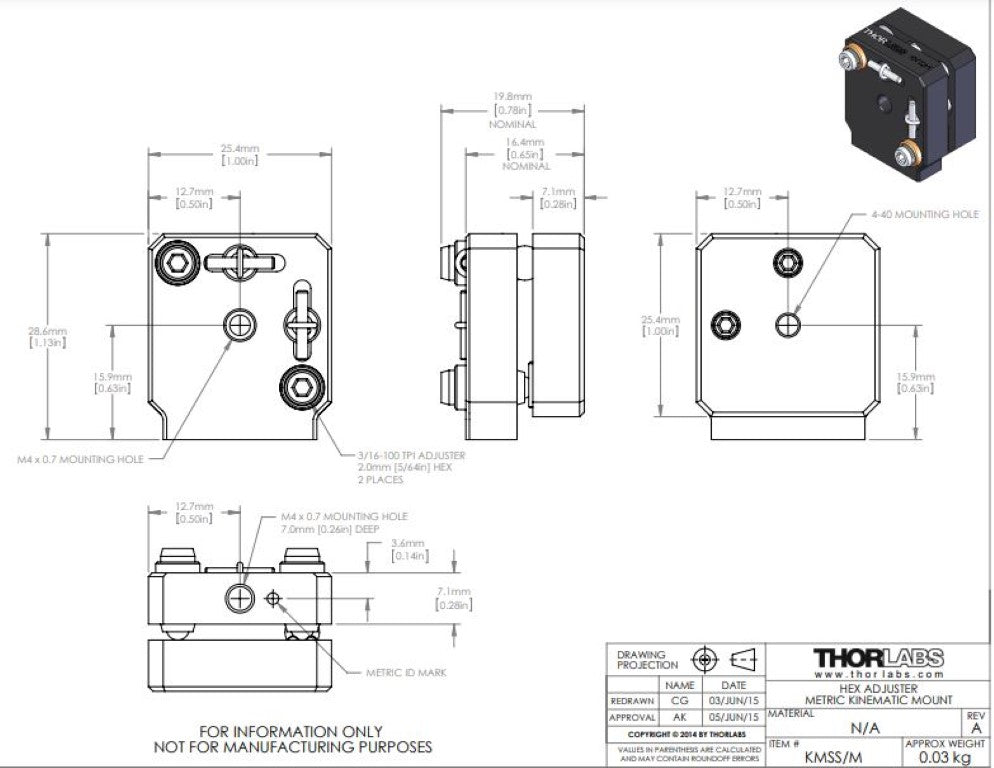 Thorlabs KMSS/M Compact Kinematic Mirror Mount, Hex Adjuster, M4 Taps