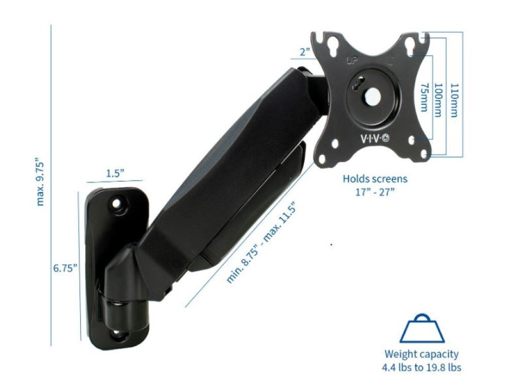 Vivo MOUNT-V001A Pneumatic Arm Single Monitor Wall Mount For 17 To 27in Screens