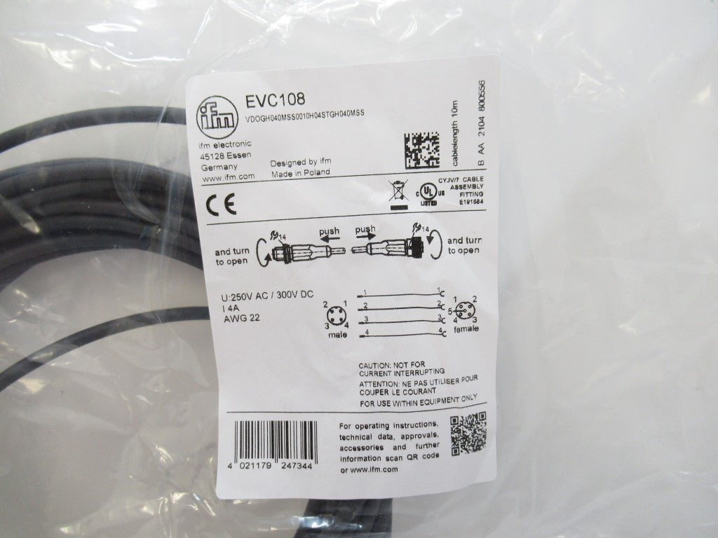 Ifm Electronic EVC108 Connection Cable, 10m PUR-Cable; M12 Connector