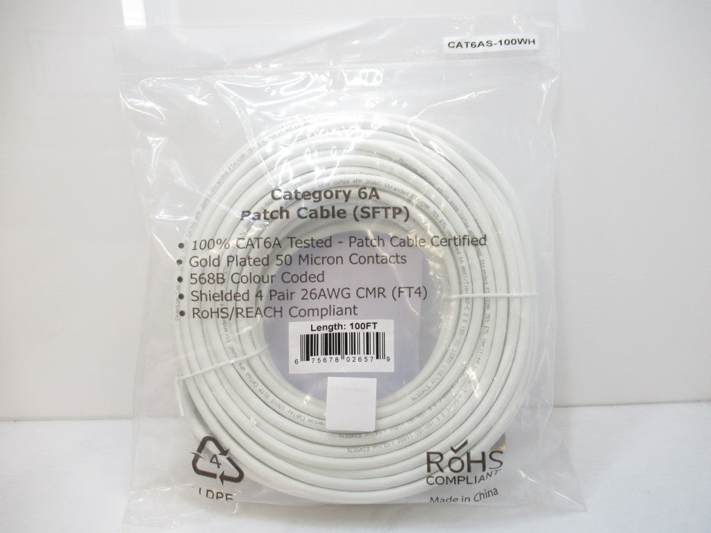 Molded Patch Cable CAT6AS-100WH CAT6A SFTP 10 GB 100 FT