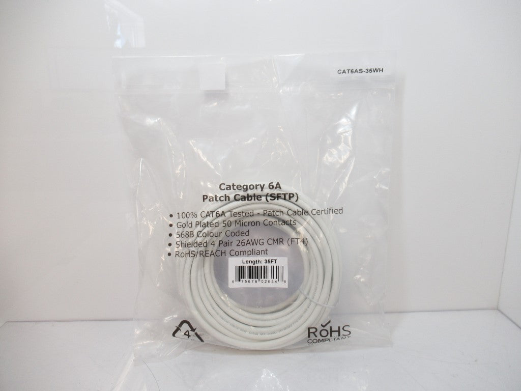 CAT6AS-35WH RJ45 CAT6A SSTP 10GB Molded Patch Cable White 35 FT