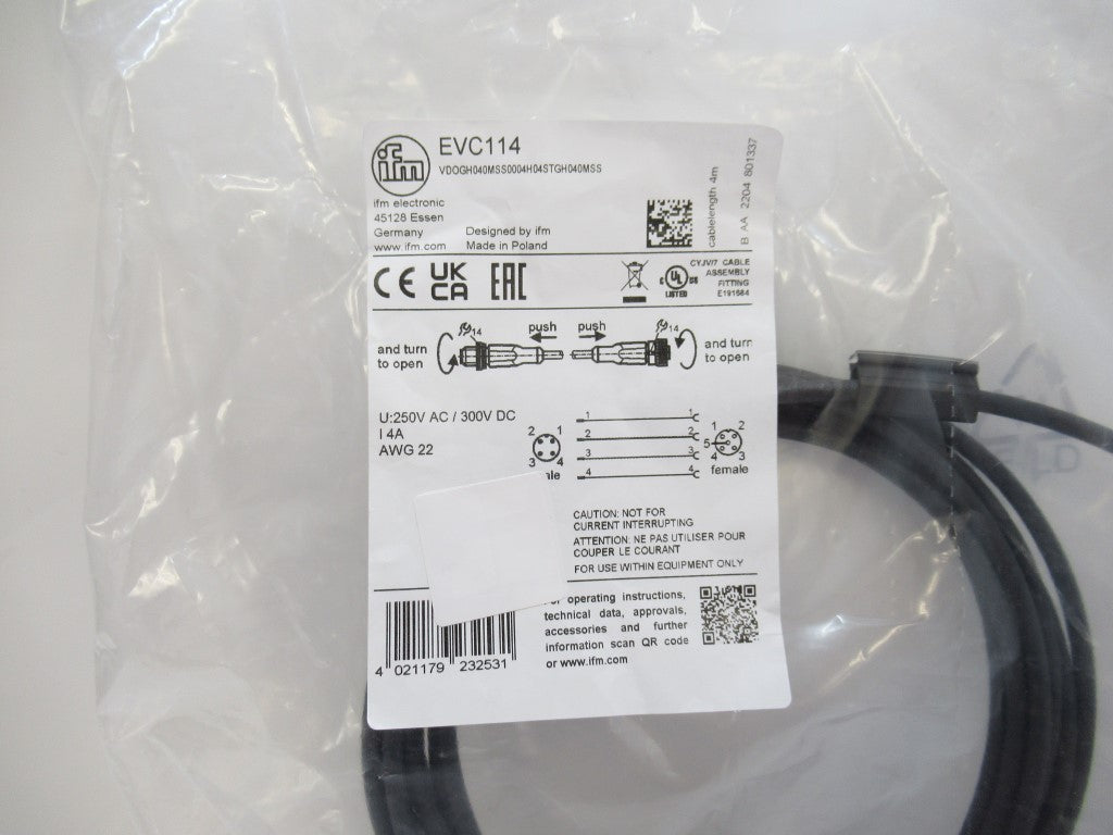 Ifm Electronic EVC114 VDOGH040MSS0004H04STGH040MS Connection Cable AWG 22