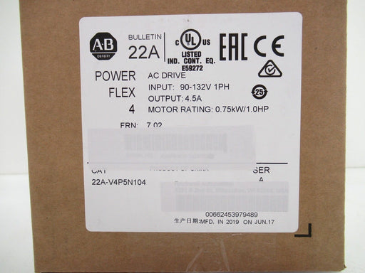 22A-V4P5N104 Allen-Bradley PowerFlex 4 AC Drive FRN:7.02 (Surplus In Box 2019)