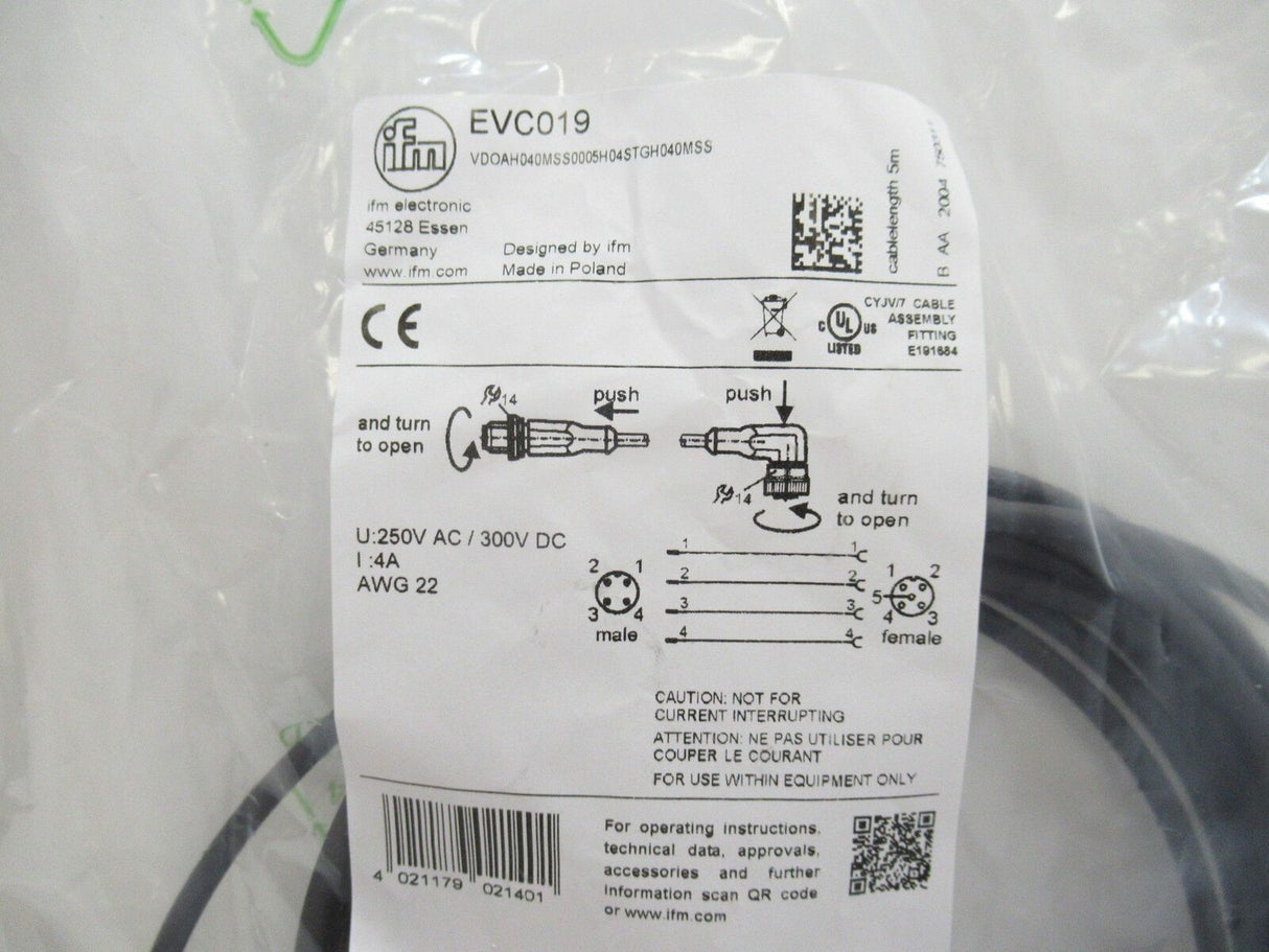 EVC019 VDOAH040MSS0005H04STGH040MSS Ifm Electronic Connection Cable 5m, PUR, M12