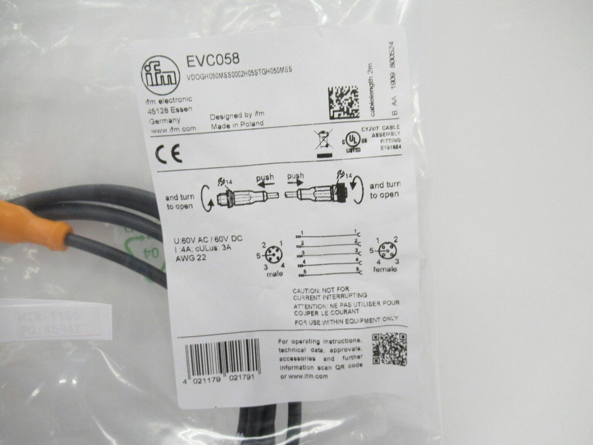 EVC058 VDOGH050MSS0002H05STGH050MSS Ifm Electronic Connection Cable New Sealed