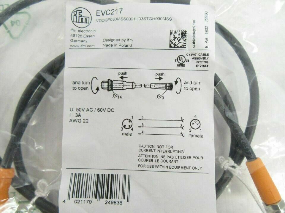EVC217 Ifm Electronic Connection Cable For Sensors; M12 / M8 3-Pins, New In Bag