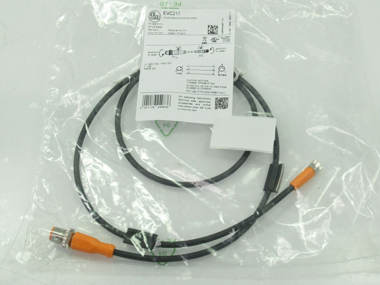 EVC217 Ifm Electronic Connection Cable For Sensors; M12 / M8 3-Pins, New In Bag