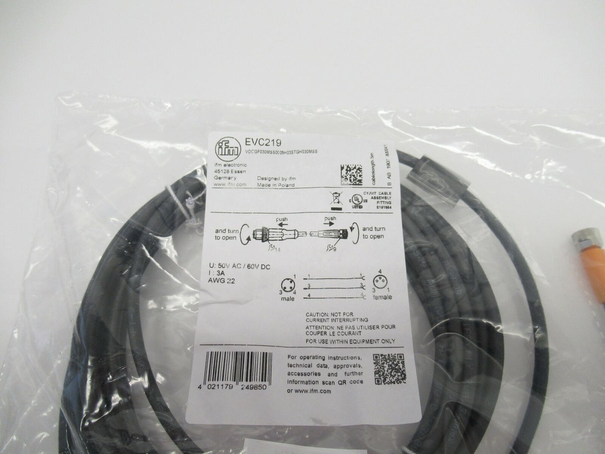 EVC219 Ifm Electronic Connection Cable For Sensors With M12 Plug, M8 Socket