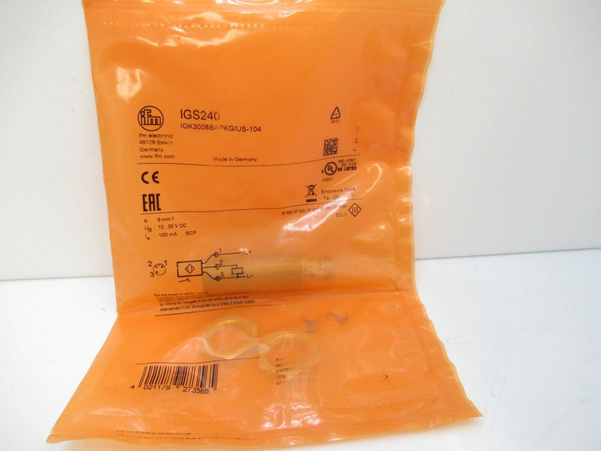 IGS240 IGK3008BAPKG/US-104 Ifm Electronic Inductive Sensor, Sold By Unit