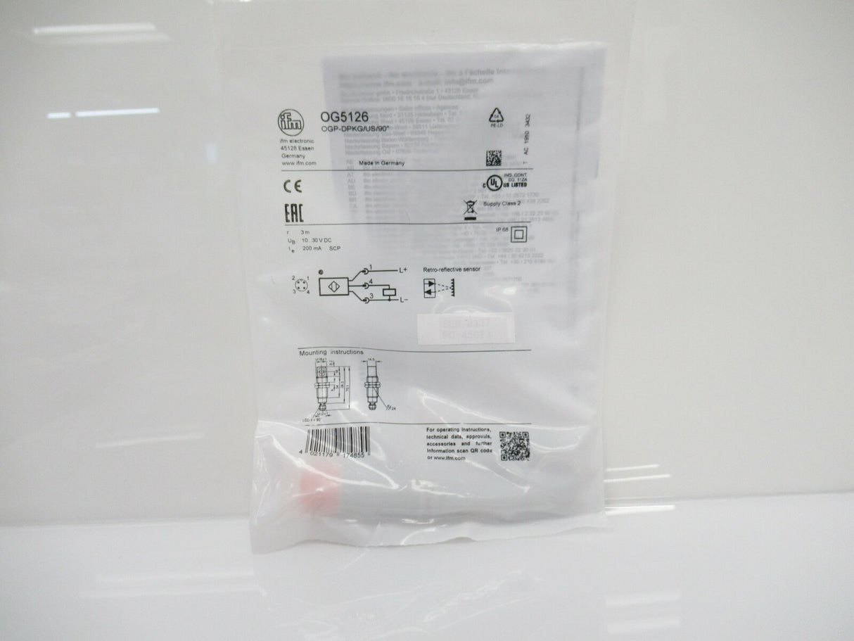 OG5126 Ifm Electronic Retro-Reflective Sensor, Red Led 660 NM, IP68, New In Bag