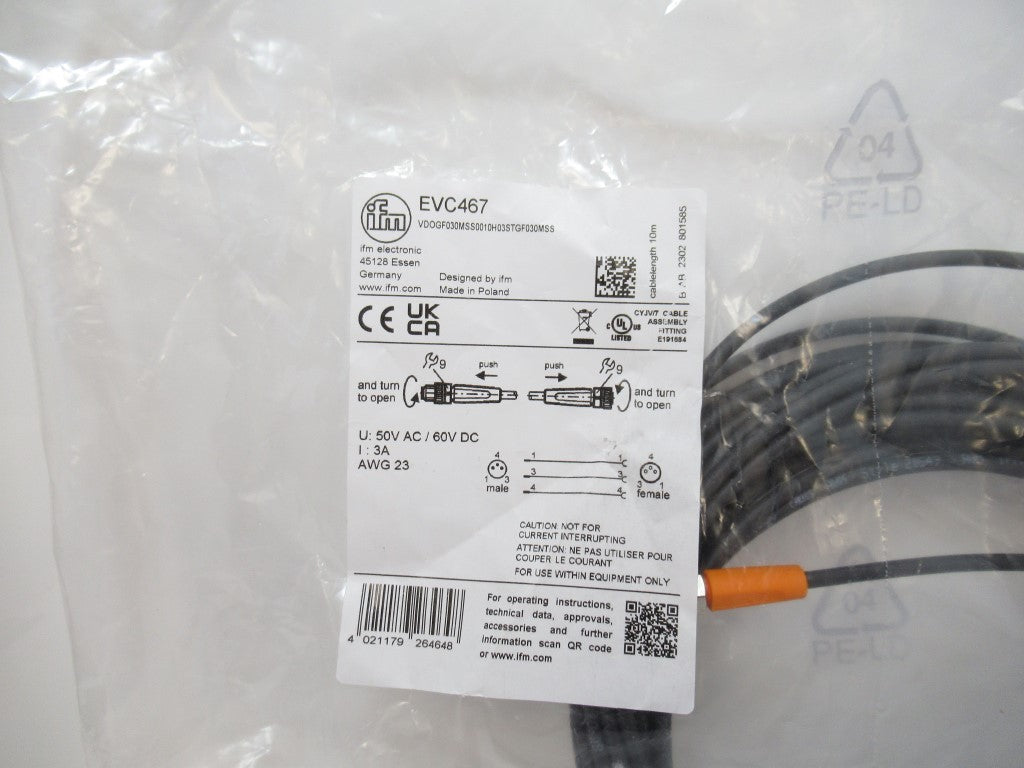 EVC467 Ifm Electronic Connection Cable 3-PIN, 10m, PUR, M8 Straight: Coding A