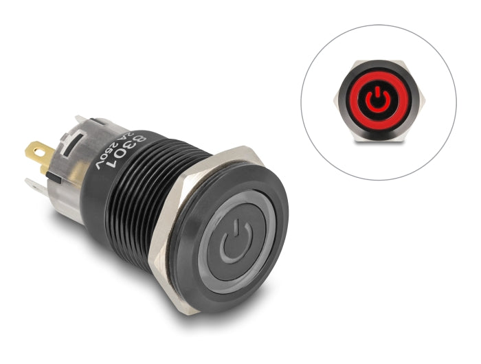 Delock 22023 Push Switch For Installation Black 19 Mm 12 V 5 X Solder Connection