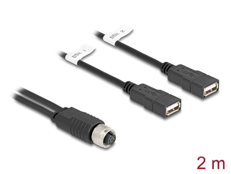 Delock 60291 M12 Cable A-Coded 8 Pin Female To 2 X USB 2.0 Type-A Female 2 M