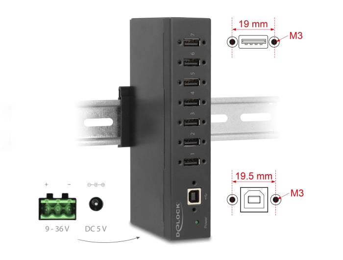 Delock 60687 Industry Hub 7 X Usb 2.0 Type-A With 15 Kv Esd Protection