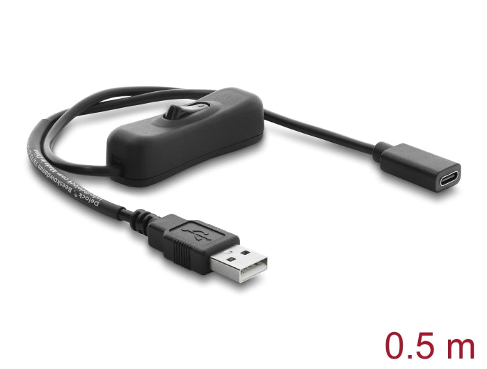 Delock 81658 Usb Power Cable Type-A Male To Usb Type-C Female With Switch, 0.5M