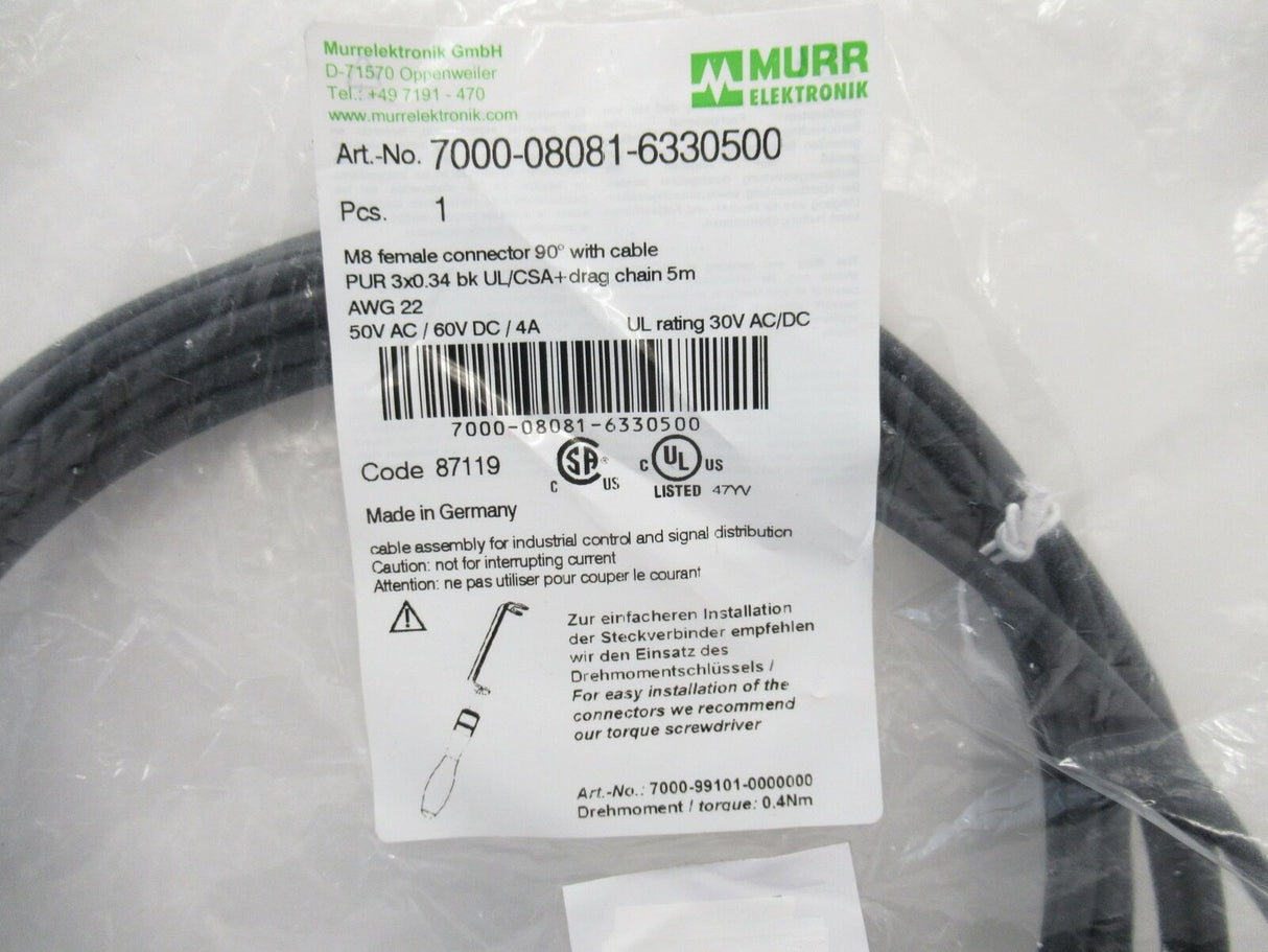 MurrElektronik 7000-08081-6330500 M8 Female Connector 90° Cable 22AWG