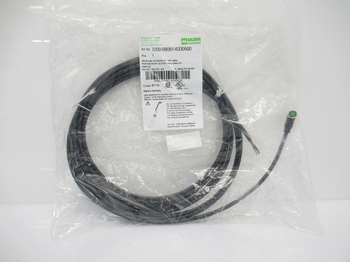 MurrElektronik 7000-08081-6330500 M8 Female Connector 90° Cable 22AWG