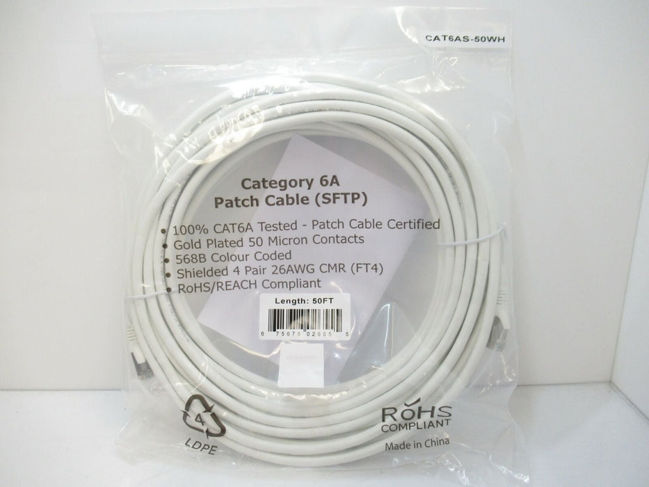CAT6AS-50WH CAT6AS50WH 50 FT Category 6A SSTP 10GB Molded Patch Cable