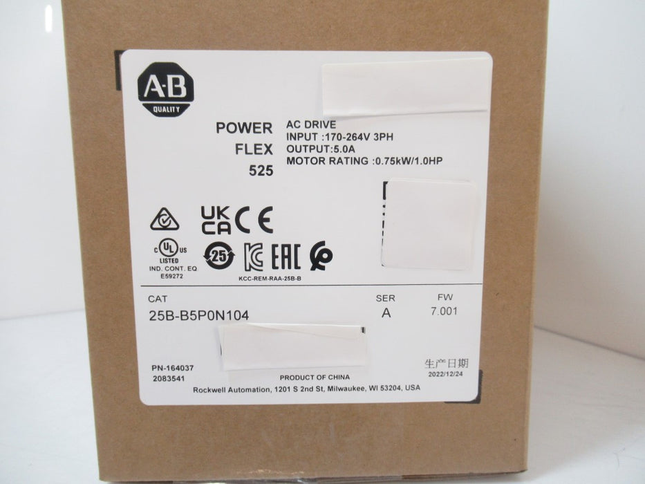 Allen Bradley 25B-B5P0N104 PowerFlex 525 AC Drive 1 HP, FW 7.001, Series A