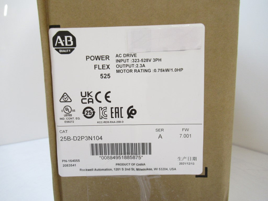 Allen Bradley 25B-D2P3N104 POWERFLEX 525 AC Drive 1 HP 3 Phase, Surplus