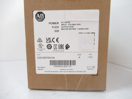 Allen Bradley 25B-B8P0N104 PowerFlex 525 AC Drive 240V/8A/2HP, Surplus