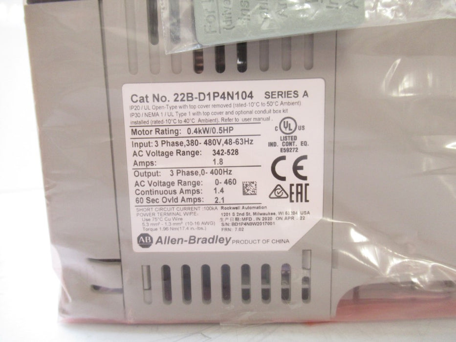 SURPLUS 22B-D1P4N104 Allen Bradley 22BD1P4N104  PowerFlex 40 AC Drive