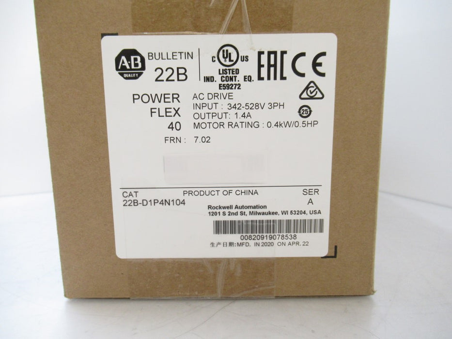 SURPLUS 22B-D1P4N104 Allen Bradley 22BD1P4N104  PowerFlex 40 AC Drive