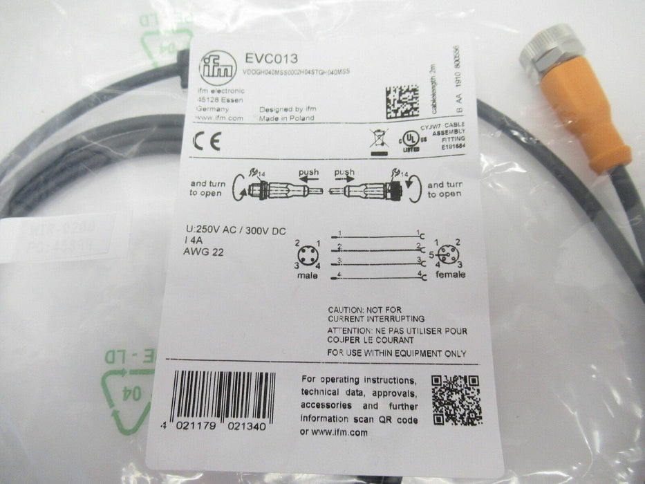 Ifm Electronic EVC013 VDOGH040MSS0002H04STGH040MSS, 2m Pur-Cable; M12 Connector