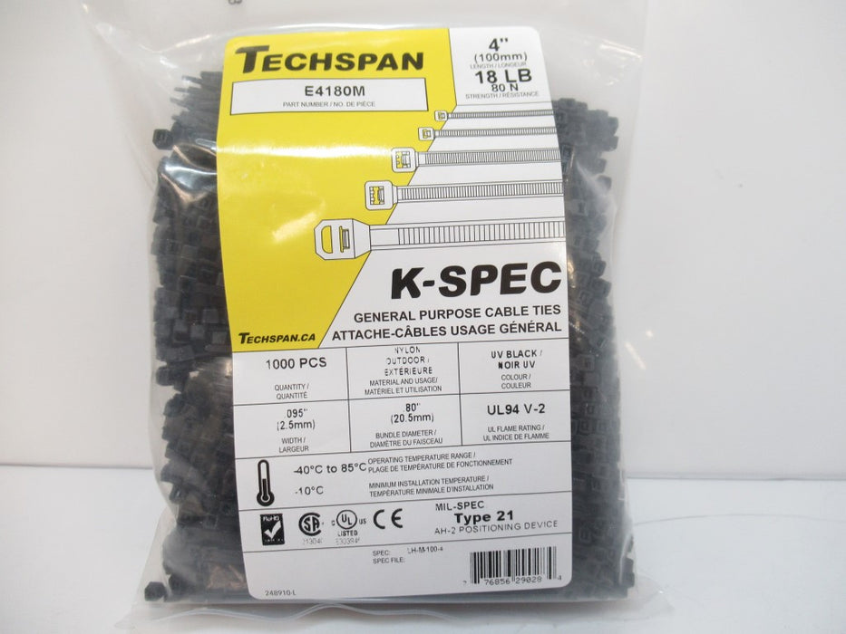 Techspan E4180M Black Cable Tie 4 in 18 lbs Tensile Strength Pack 1000